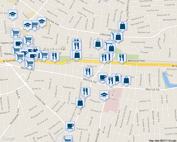 map of restaurants, bars, coffee shops, grocery stores, and more near 11 Oak Street in Rockville Centre