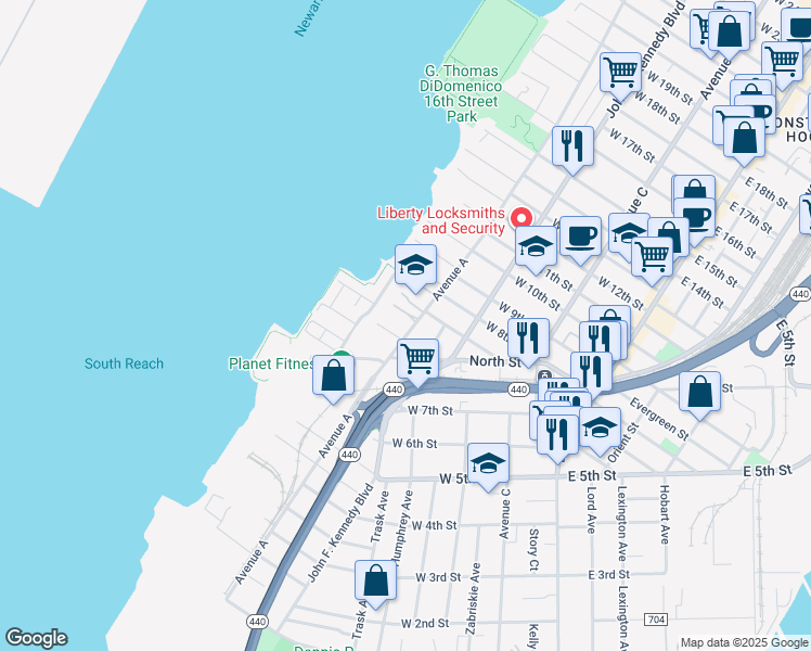 map of restaurants, bars, coffee shops, grocery stores, and more near 219 Avenue A in Bayonne