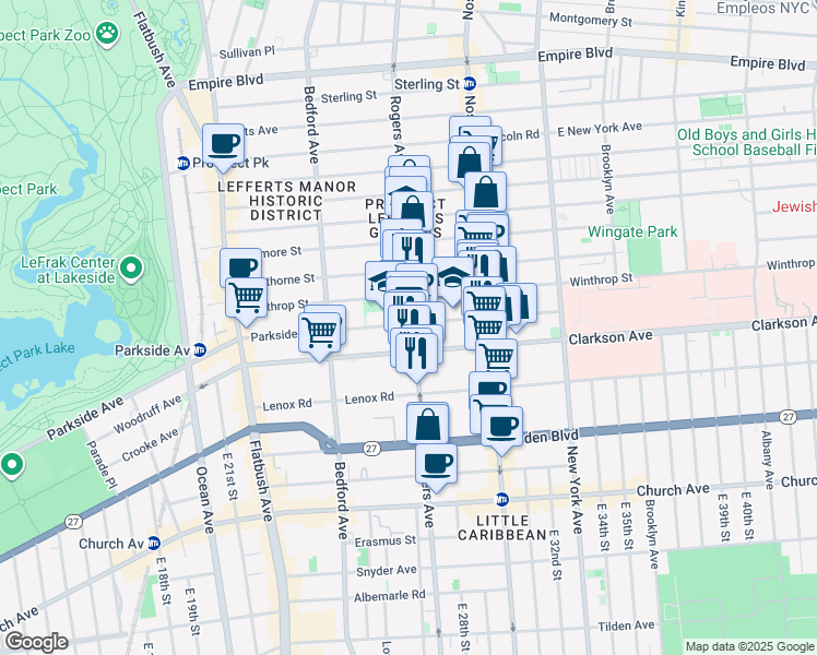 map of restaurants, bars, coffee shops, grocery stores, and more near 636 Rogers Avenue in Brooklyn