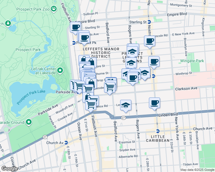 map of restaurants, bars, coffee shops, grocery stores, and more near 385 Parkside Avenue in Brooklyn
