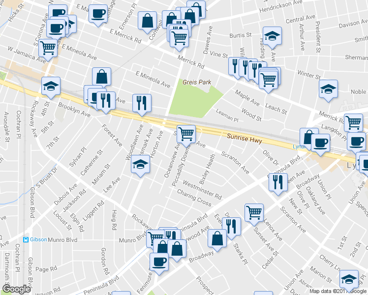 map of restaurants, bars, coffee shops, grocery stores, and more near 38 Piccadilly Downs in Lynbrook