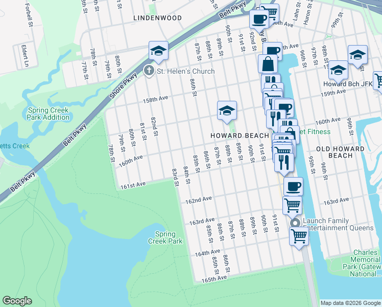 map of restaurants, bars, coffee shops, grocery stores, and more near 160-15 85th Street in Queens