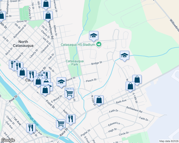 map of restaurants, bars, coffee shops, grocery stores, and more near 840 Church Street in Catasauqua