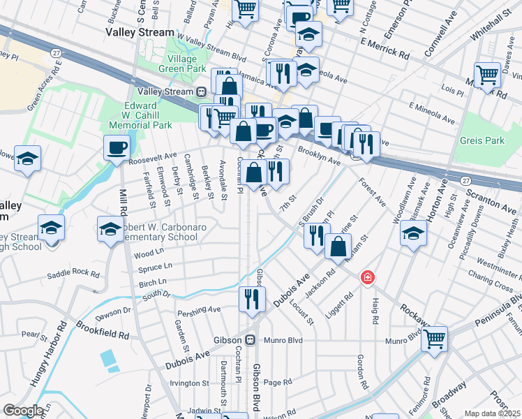 map of restaurants, bars, coffee shops, grocery stores, and more near 1 Gibson Blvd in Valley Stream