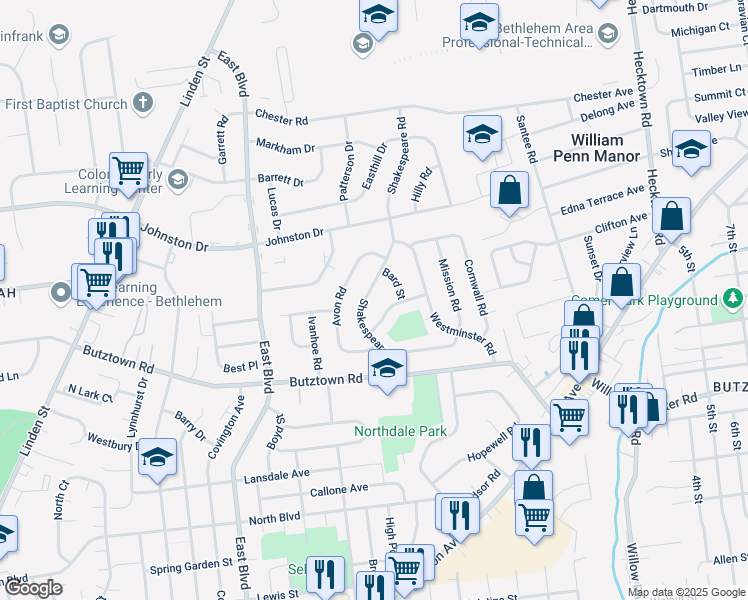 map of restaurants, bars, coffee shops, grocery stores, and more near 1937 Greenleaf Street in Bethlehem