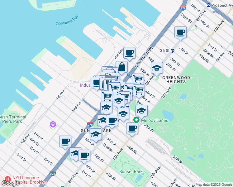 map of restaurants, bars, coffee shops, grocery stores, and more near 3rd Avenue & 35th Street in Brooklyn