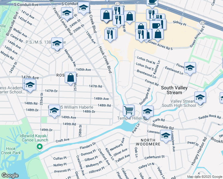 map of restaurants, bars, coffee shops, grocery stores, and more near 14744 Hook Creek Boulevard in Queens