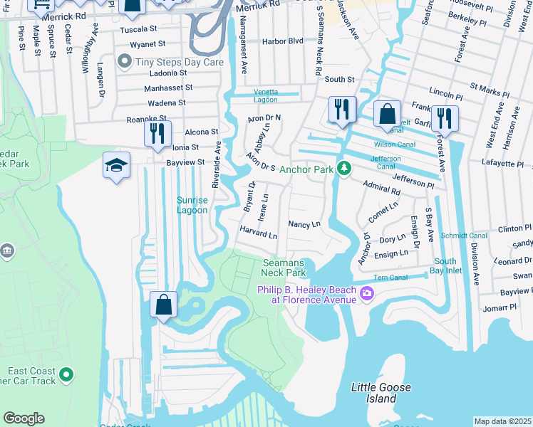 map of restaurants, bars, coffee shops, grocery stores, and more near 2631 Irene Lane in Seaford