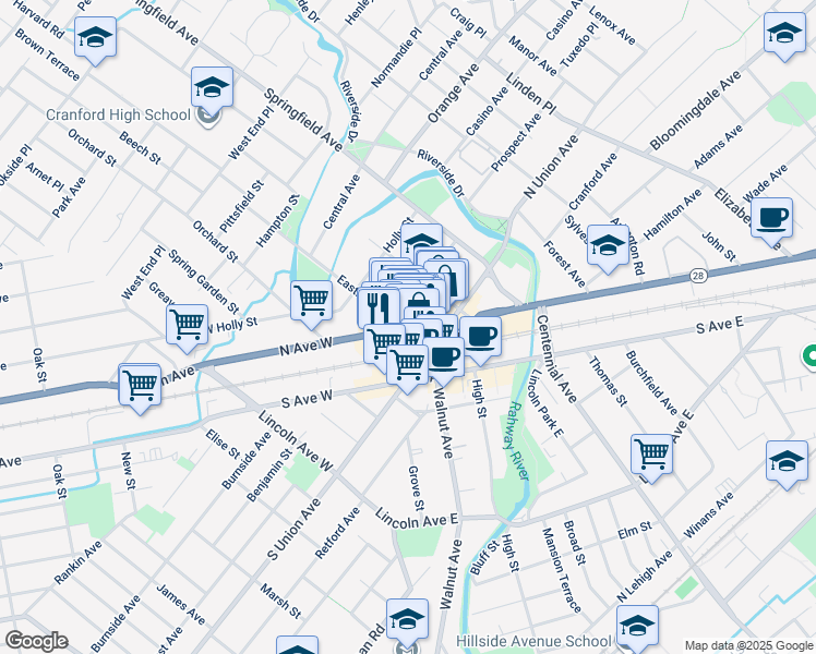 map of restaurants, bars, coffee shops, grocery stores, and more near 20 Eastman Street in Cranford