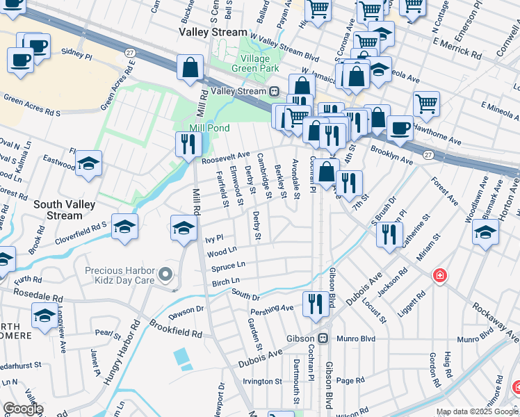 map of restaurants, bars, coffee shops, grocery stores, and more near 139 Derby Street in Valley Stream