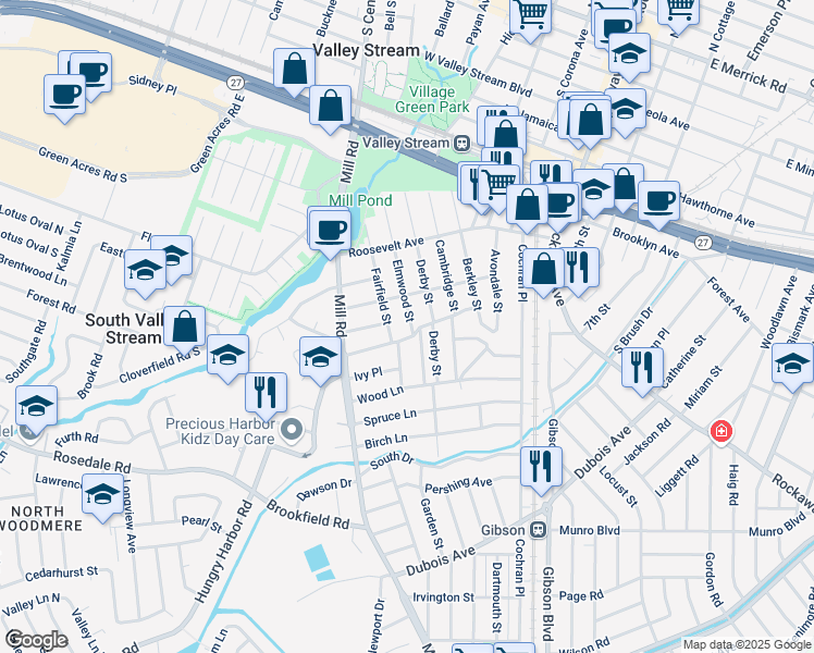 map of restaurants, bars, coffee shops, grocery stores, and more near 142 Elmwood Street in Valley Stream