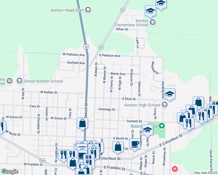 map of restaurants, bars, coffee shops, grocery stores, and more near 641 North Cherry Street in Kenton