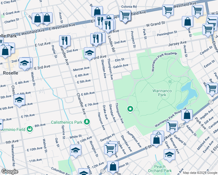 map of restaurants, bars, coffee shops, grocery stores, and more near 545 Sheridan Ave in Roselle