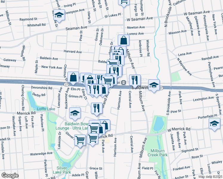 map of restaurants, bars, coffee shops, grocery stores, and more near 2253 Grand Avenue in Baldwin
