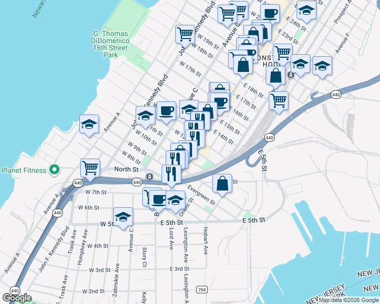 map of restaurants, bars, coffee shops, grocery stores, and more near 265 Broadway in Bayonne