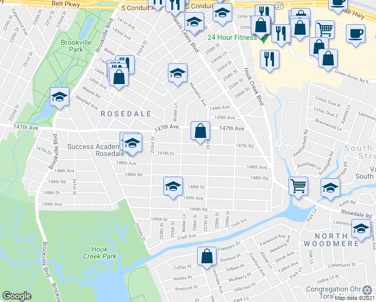 map of restaurants, bars, coffee shops, grocery stores, and more near 255-17 147th Drive in Queens