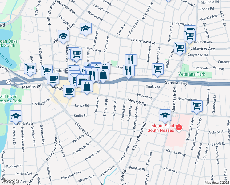 map of restaurants, bars, coffee shops, grocery stores, and more near 14 North Lewis Place in Rockville Centre