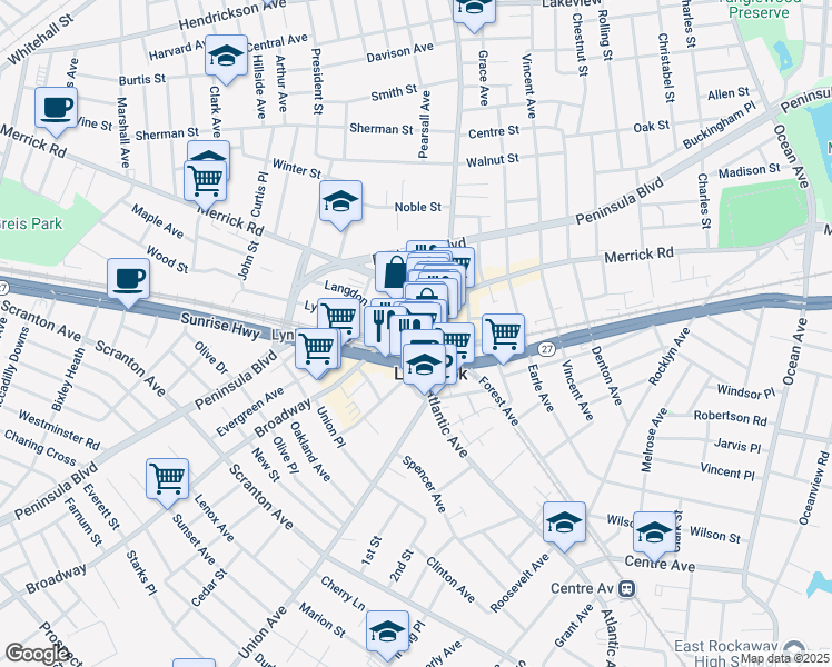 map of restaurants, bars, coffee shops, grocery stores, and more near 44 Broadway in Lynbrook
