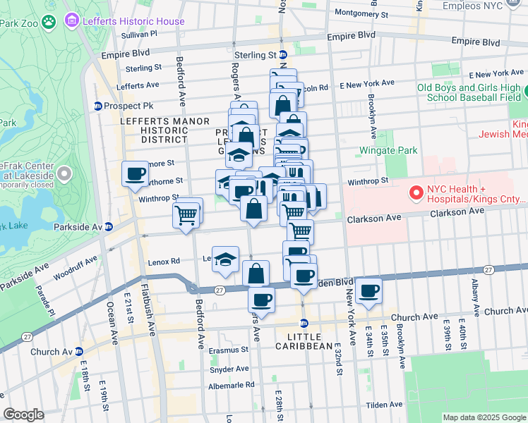 map of restaurants, bars, coffee shops, grocery stores, and more near 670 Parkside Avenue in Brooklyn