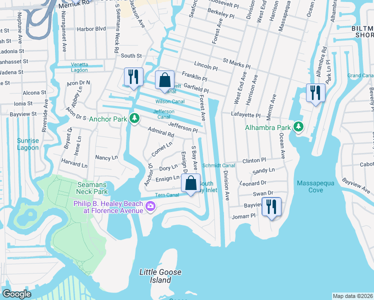map of restaurants, bars, coffee shops, grocery stores, and more near 5 Ensign Drive in Massapequa