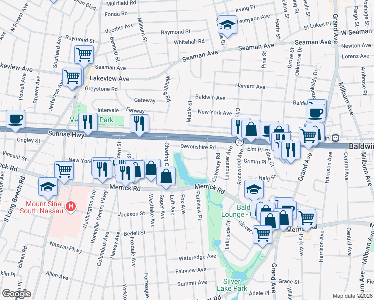 map of restaurants, bars, coffee shops, grocery stores, and more near 432 Devonshire Road in Baldwin