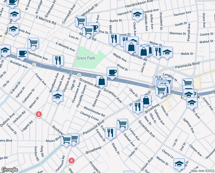 map of restaurants, bars, coffee shops, grocery stores, and more near 11 Bixley Heath in Lynbrook