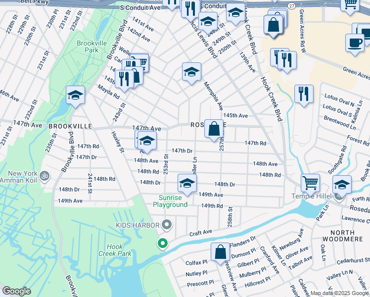 map of restaurants, bars, coffee shops, grocery stores, and more near 253-27 147th Drive in Queens