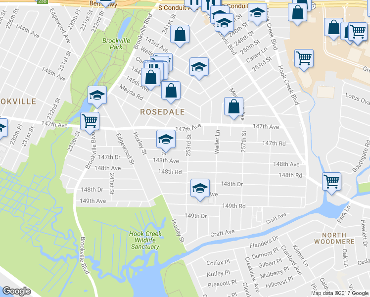 map of restaurants, bars, coffee shops, grocery stores, and more near 147-40 253rd Street in Queens