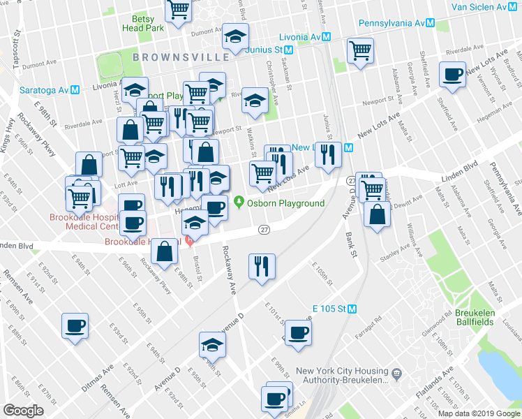 map of restaurants, bars, coffee shops, grocery stores, and more near 684 Watkins Street in Brooklyn