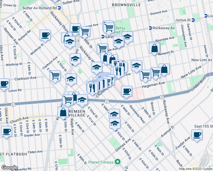 map of restaurants, bars, coffee shops, grocery stores, and more near 9601 Church Avenue in Brooklyn