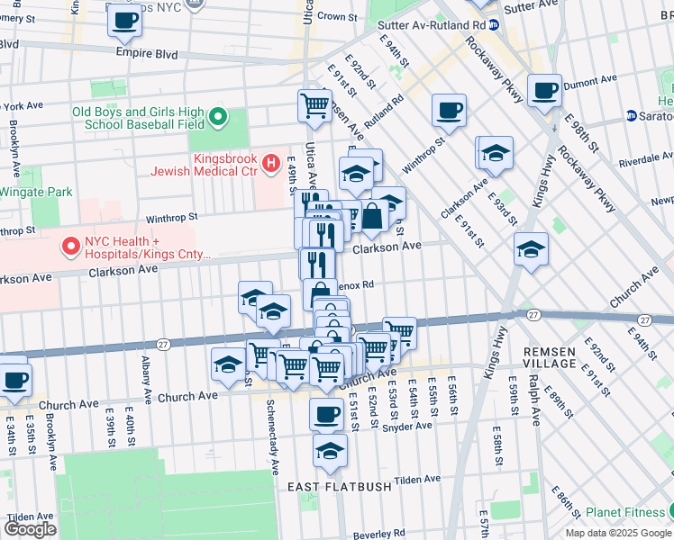 map of restaurants, bars, coffee shops, grocery stores, and more near 709 Utica Avenue in Brooklyn