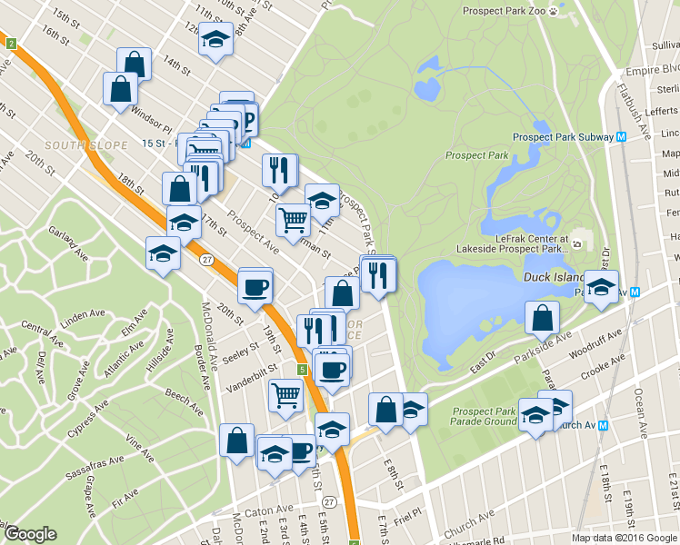 map of restaurants, bars, coffee shops, grocery stores, and more near 84 Sherman Street in Brooklyn