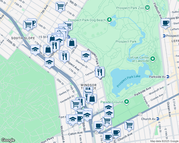 map of restaurants, bars, coffee shops, grocery stores, and more near 84 Sherman Street in Brooklyn