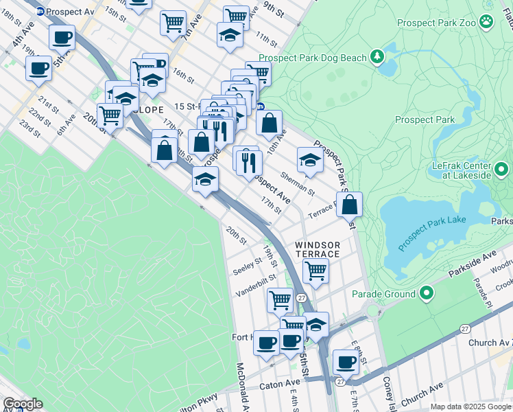 map of restaurants, bars, coffee shops, grocery stores, and more near 581 1/2 18th Street in Brooklyn