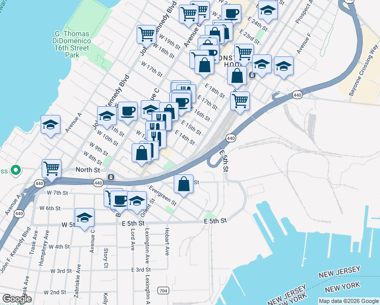 map of restaurants, bars, coffee shops, grocery stores, and more near 45 East 12th Street in Bayonne