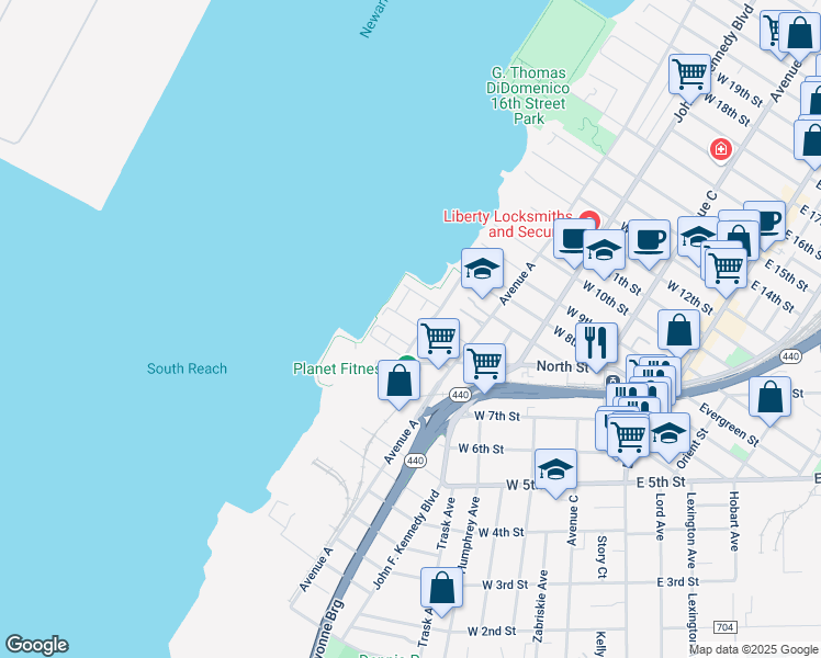 map of restaurants, bars, coffee shops, grocery stores, and more near 2 Boatworks Drive in Bayonne
