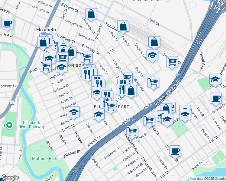 map of restaurants, bars, coffee shops, grocery stores, and more near 533 Franklin Street in Elizabeth