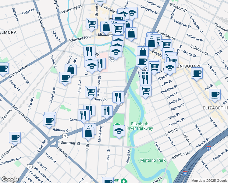 map of restaurants, bars, coffee shops, grocery stores, and more near 635 Devine Avenue in Elizabeth