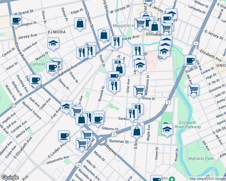 map of restaurants, bars, coffee shops, grocery stores, and more near 920 McLain Street in Elizabeth