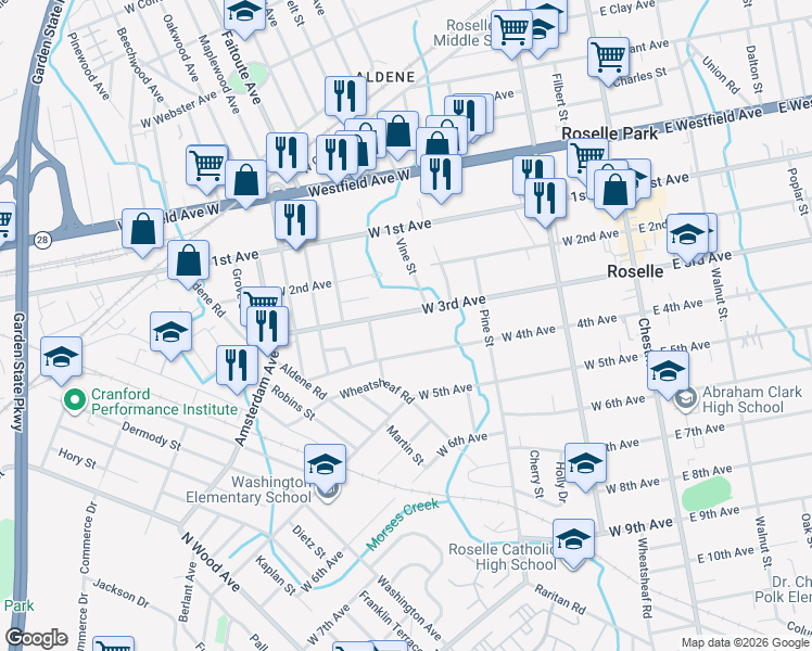 map of restaurants, bars, coffee shops, grocery stores, and more near 357 West 3rd Avenue in Roselle