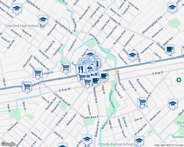 map of restaurants, bars, coffee shops, grocery stores, and more near 20 Eastman Street in Cranford