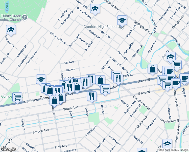 map of restaurants, bars, coffee shops, grocery stores, and more near 27 3rd Avenue in Garwood