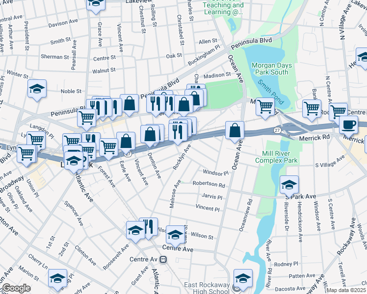 map of restaurants, bars, coffee shops, grocery stores, and more near 147 Sunrise Highway in Lynbrook