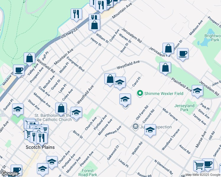 map of restaurants, bars, coffee shops, grocery stores, and more near 2267 Evergreen Avenue in Scotch Plains
