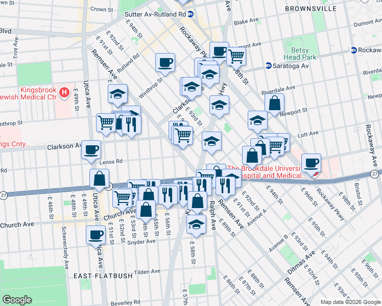 map of restaurants, bars, coffee shops, grocery stores, and more near 405 Remsen Avenue in Brooklyn