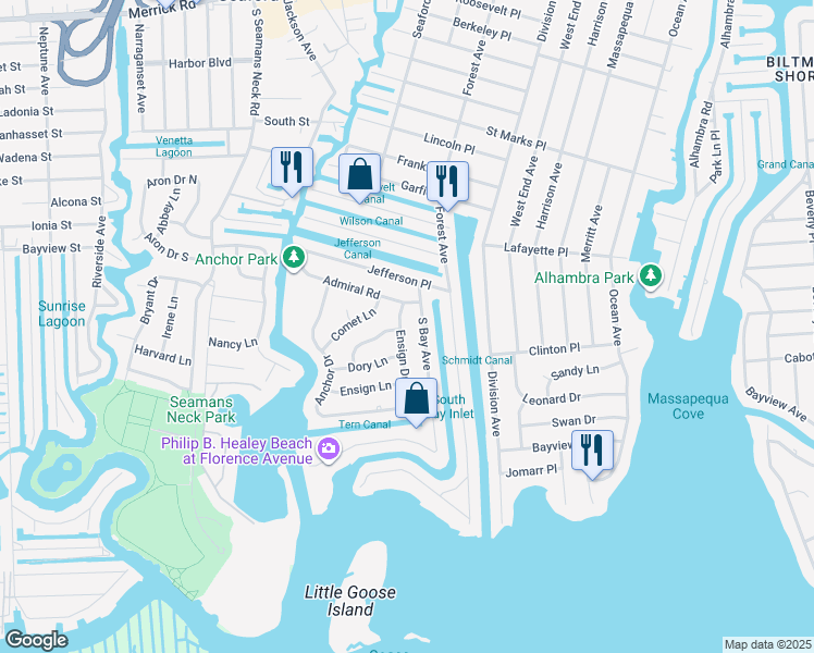 map of restaurants, bars, coffee shops, grocery stores, and more near 5 Ensign Dr in Massapequa