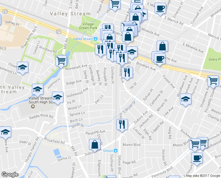 map of restaurants, bars, coffee shops, grocery stores, and more near 98 Cochran Place in Valley Stream