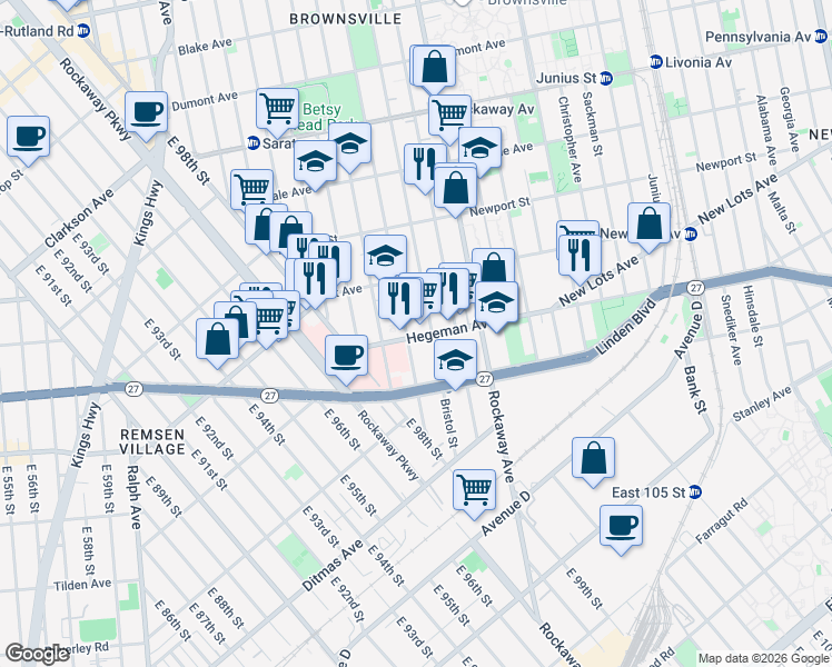 map of restaurants, bars, coffee shops, grocery stores, and more near 997 Thomas S Boyland Street in Brooklyn