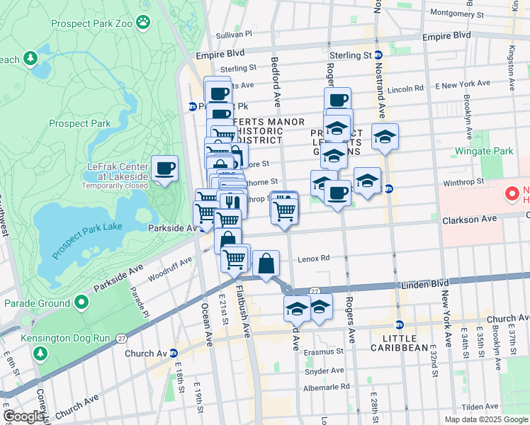 map of restaurants, bars, coffee shops, grocery stores, and more near 361 Parkside Avenue in Brooklyn