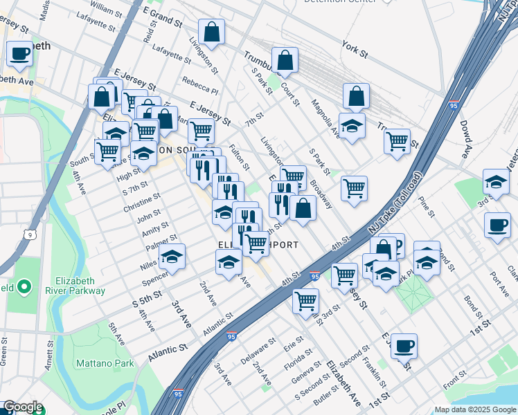 map of restaurants, bars, coffee shops, grocery stores, and more near 533 Franklin Street in Elizabeth